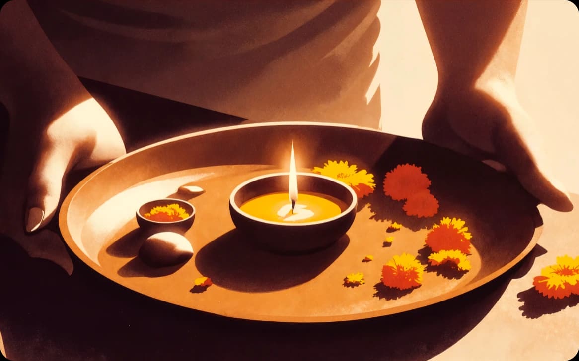 Hands holding a diya surrounded by flowers during puja
