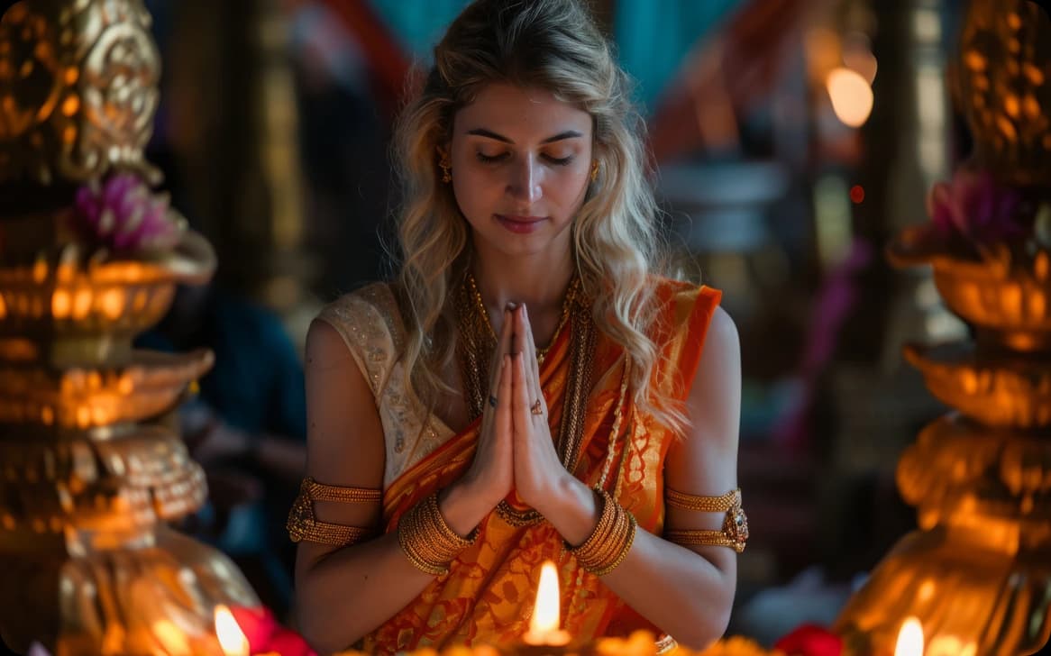 Woman celebrating Tamil New Year in traditional dress