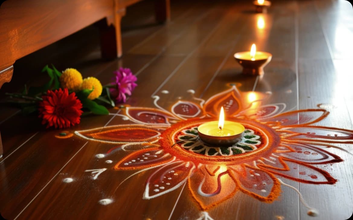 Navratri interior decoration with diyas and sacred décor