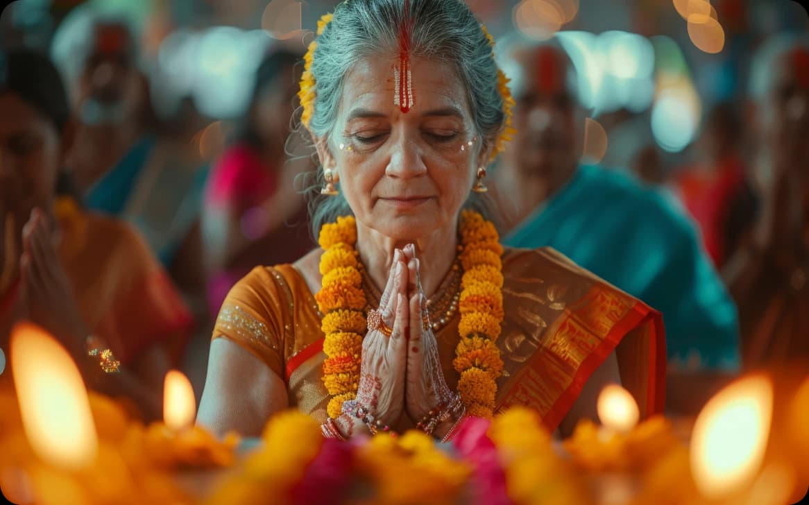 Devotee celebrating a spiritual festival with traditional attire